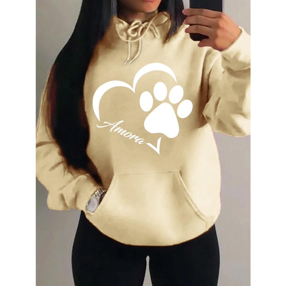 Love And Little Cat Foot Creative Print Women Hoody Fashion Autumn Sweatshirt Pocket Hoodie Sport Style Comfortable