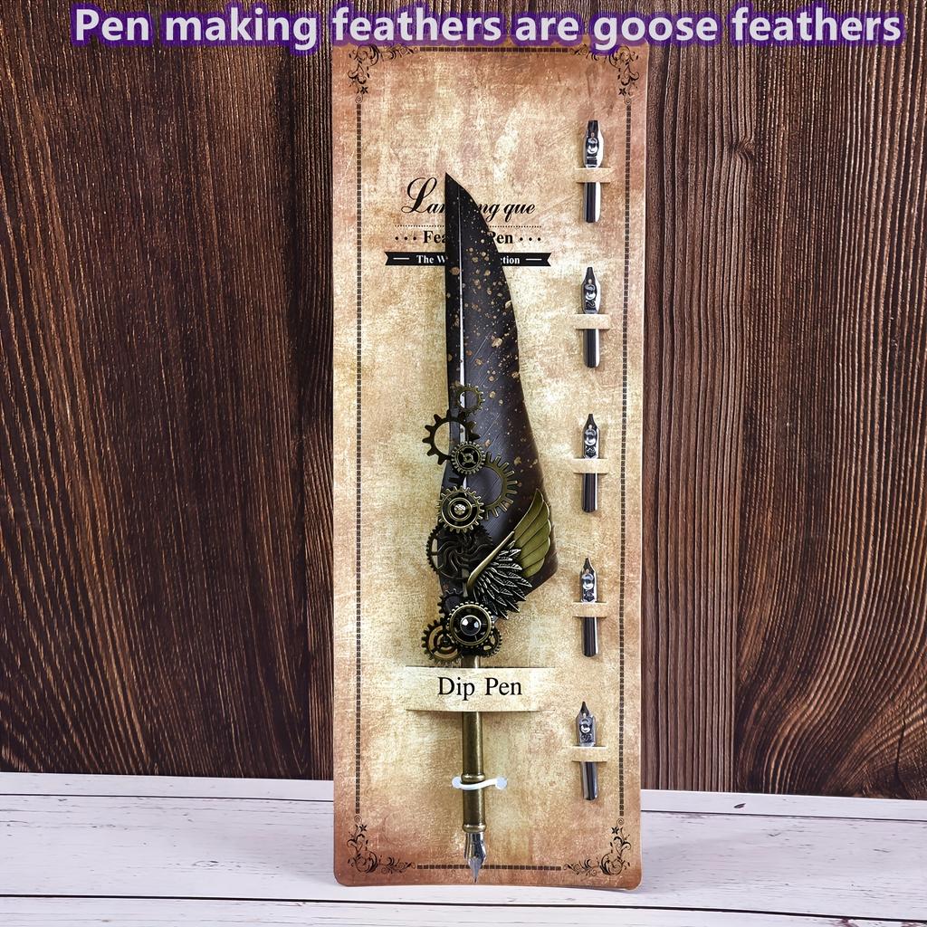 Ambidextrous Mechanical Calligraphy Pen with 5 Personalized Metal Tips, Medium Point, Round Body, Decorative European Retro Feather Quill for Beginner