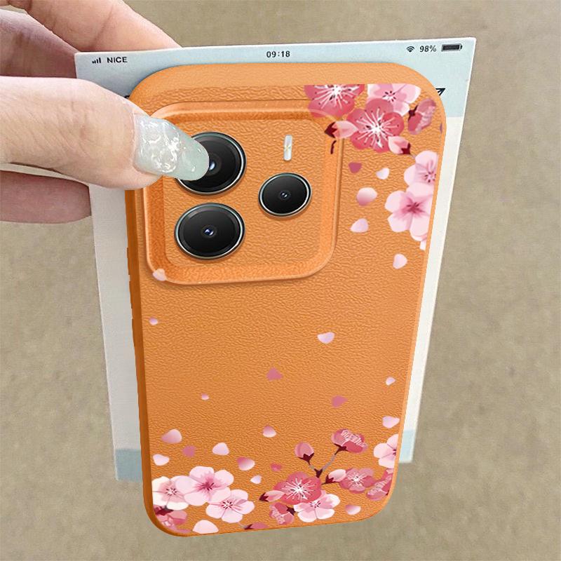 Sakura Blumenmuster Weiche Matte Hülle Für Xiaomi 13T Poco X7 X6 M6 Pro Redmi Note 14 13 Pro 12 11 TPU Ledertextur Stoßfest Schlanke Handyhülle