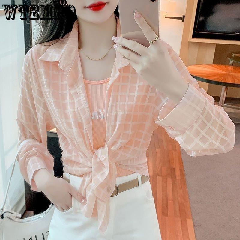 WTEMPO Summer Women's Sunscreen Clothing Open Light Plaid Jacket Chiffon Temperament Breathable Loose Long-sleeved