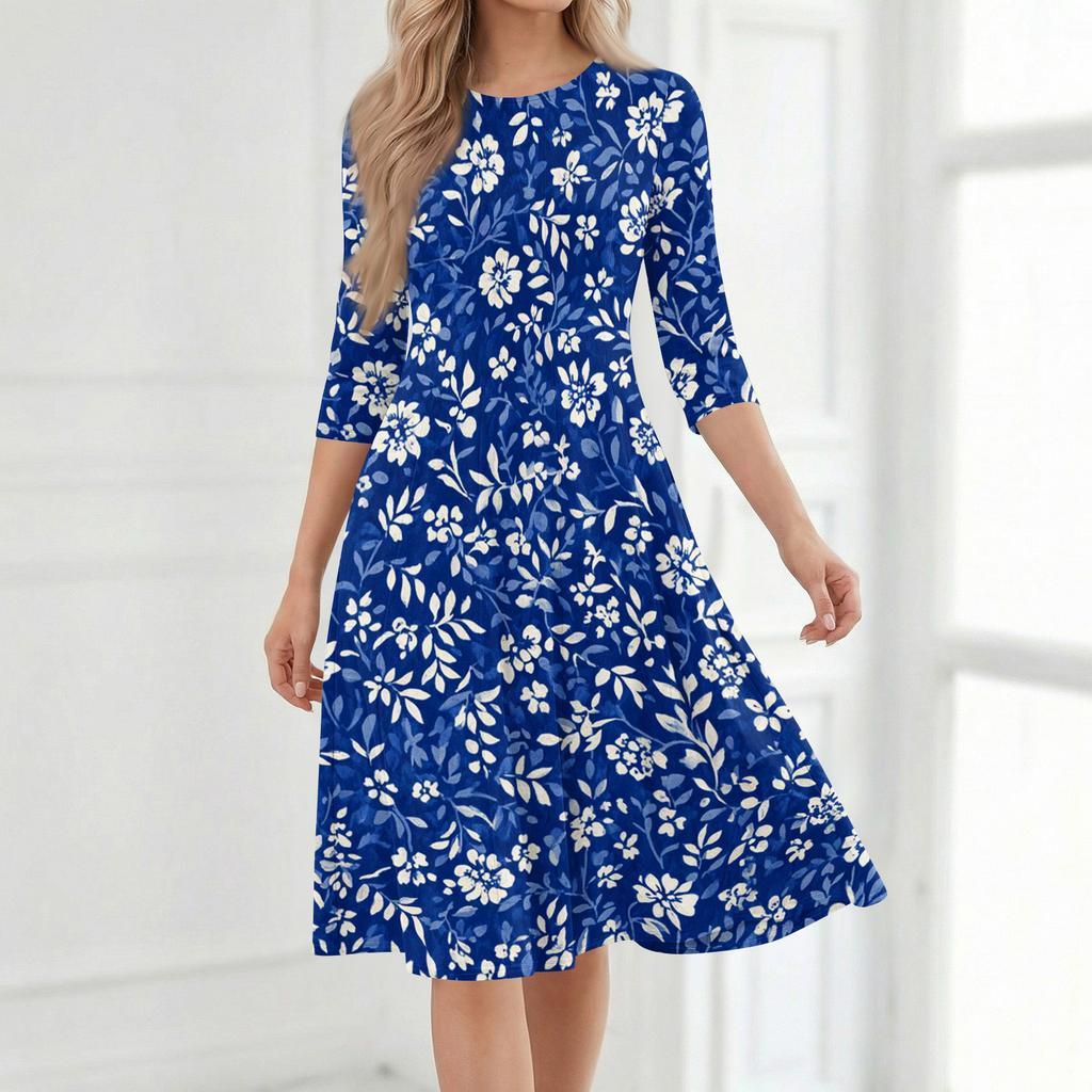 Women's Casual Fashion Round Neck Three Quarter Sleeve Printed Midi Dress