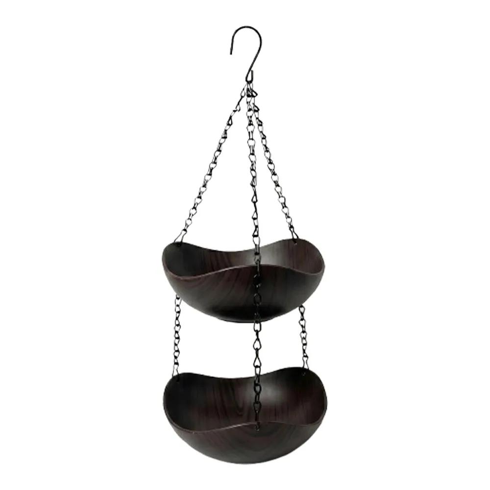 Retro Style Wood Grain Bird Feeders Thickened Iron Chains Open Bowl-shaped Hanging Bird Bath S Hooks Plastic
