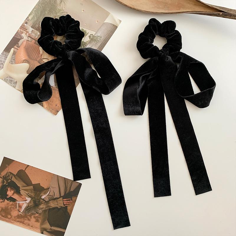 Mode Vintage Schwarze Samt Schleife Haarband Scrunchie für Damen Mädchen Langes Elastisches Haargummi Kopfschmuck Weibliches Haarzubehör