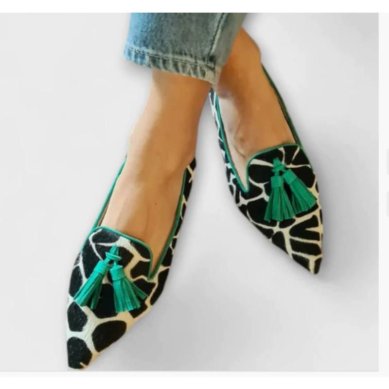 Seasonal new low-heeled pointed cow pattern fringed casual shoes