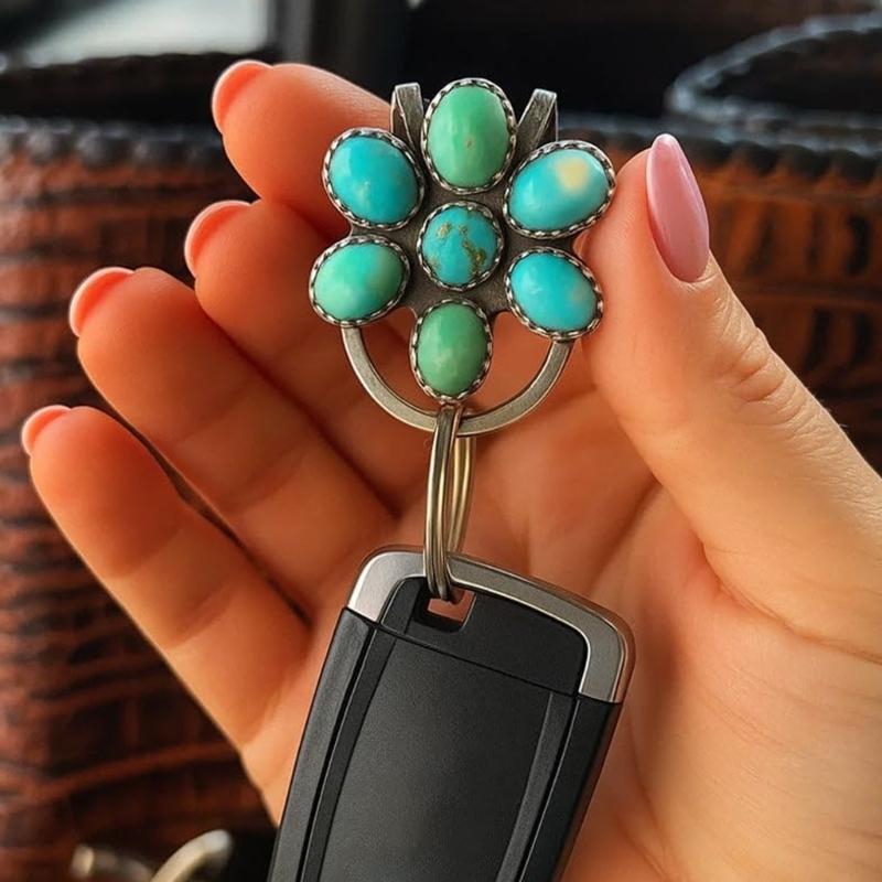 Bohemian Style Turquoise Flower Keychain Holder Women Bag Charm Clip Car Key Organiser Accessory Ornament