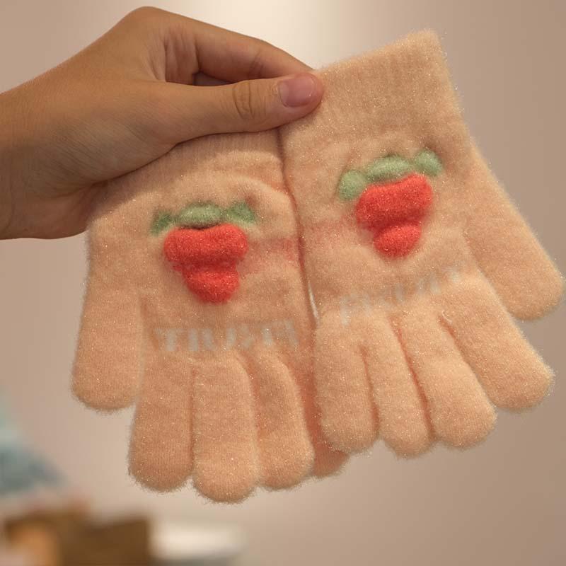 Korean version of cute cartoon children's gloves cycling cold-proof thickened warm gloves creative simple strawberry knitted gloves