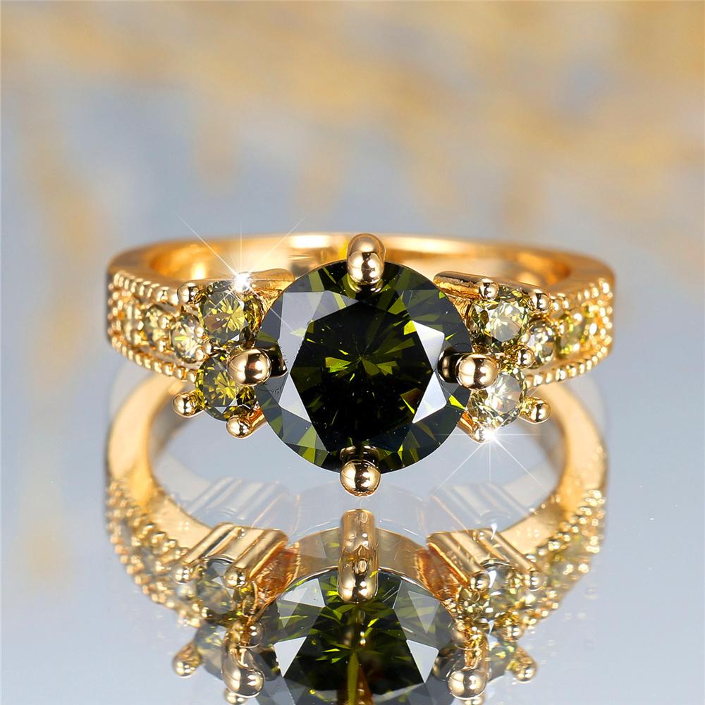 Luxury Crystal Olive Green Zircon Stone Round Rings For Women Vintage Gold Color Wedding Band Bridal Jewelry Engagement Gift
