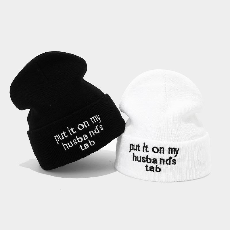 New letter embroidery brimless stacking hat men's and women's simple versatile ear protection knitted hat couple wool hat