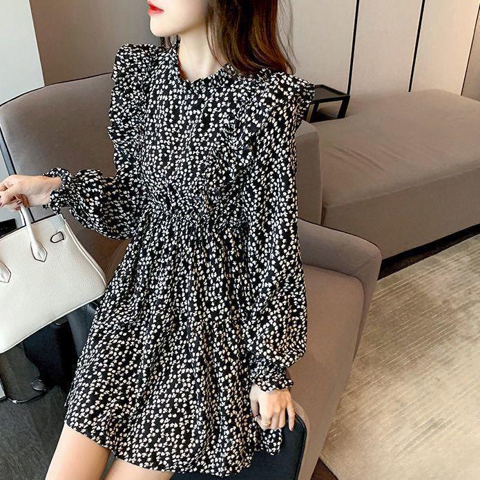 

Spring 2026 French Retro Hepburn Style Petite Waist Slimming Floral Long Sleeve Dress for Women 2XL (suitable for 115-130 jin) чёрный