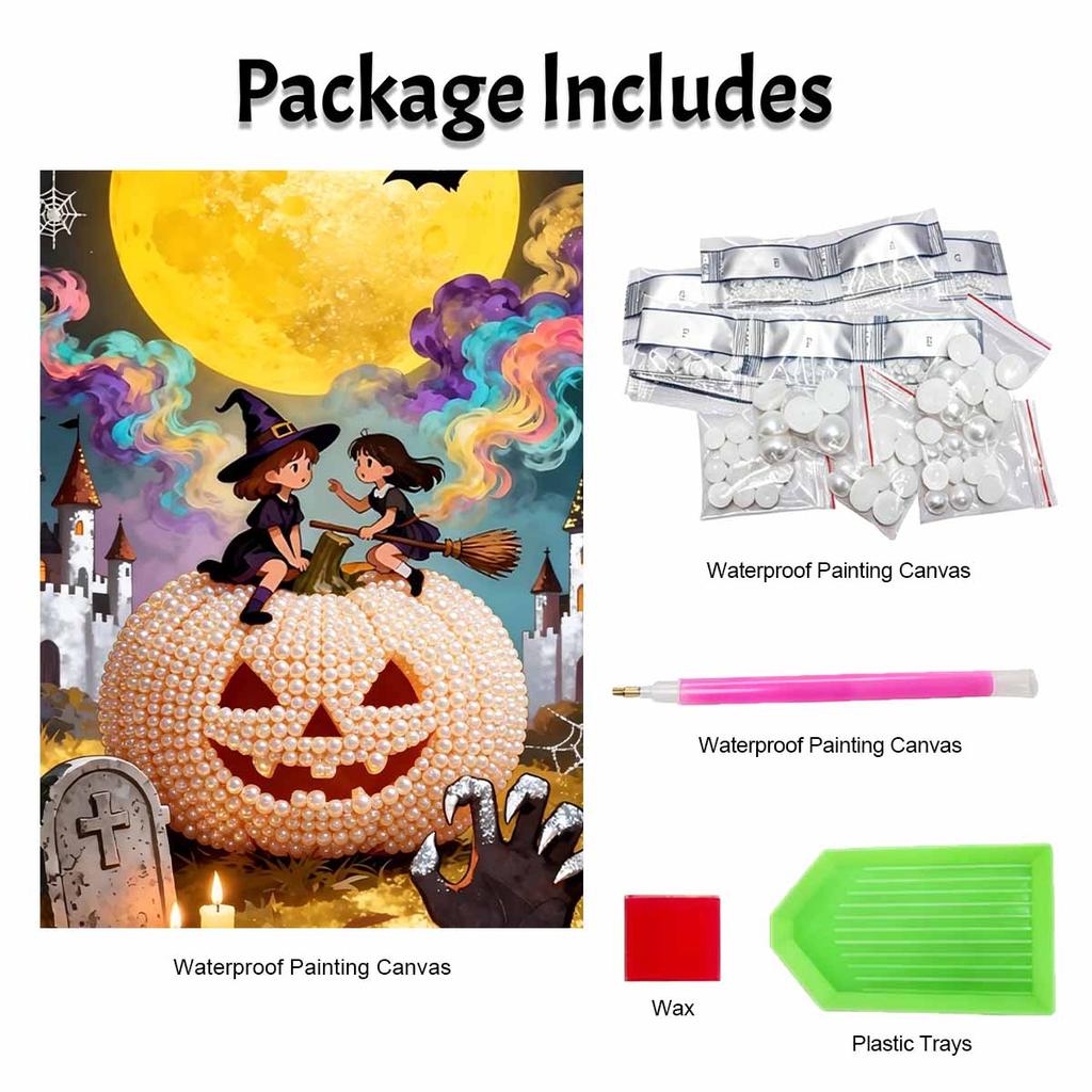 DIY 3D Pearl Painting Canvas Halloween Pumpkin Witches Pattern Relaxing Leisure Craft Kit for Adults Home Wall Art Decor Supplies