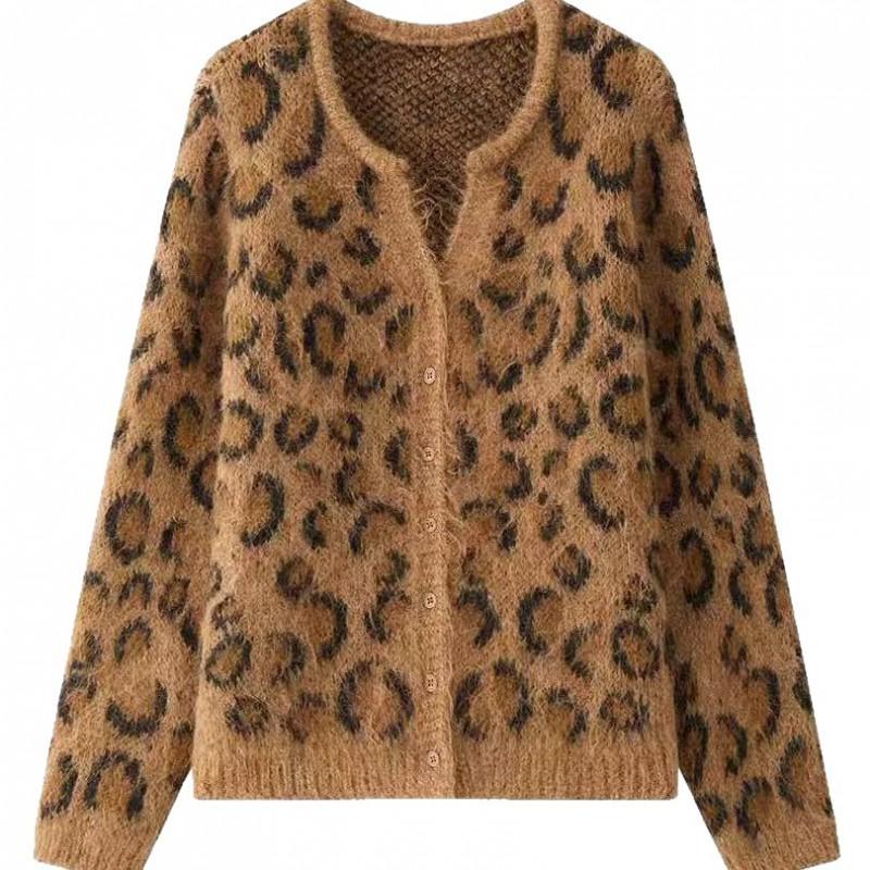 Relaxed Fit Leopard Print Camel Tone Cardigan Sweater Women 2026 Fall Vintage Short Cropped Knit Outerwear