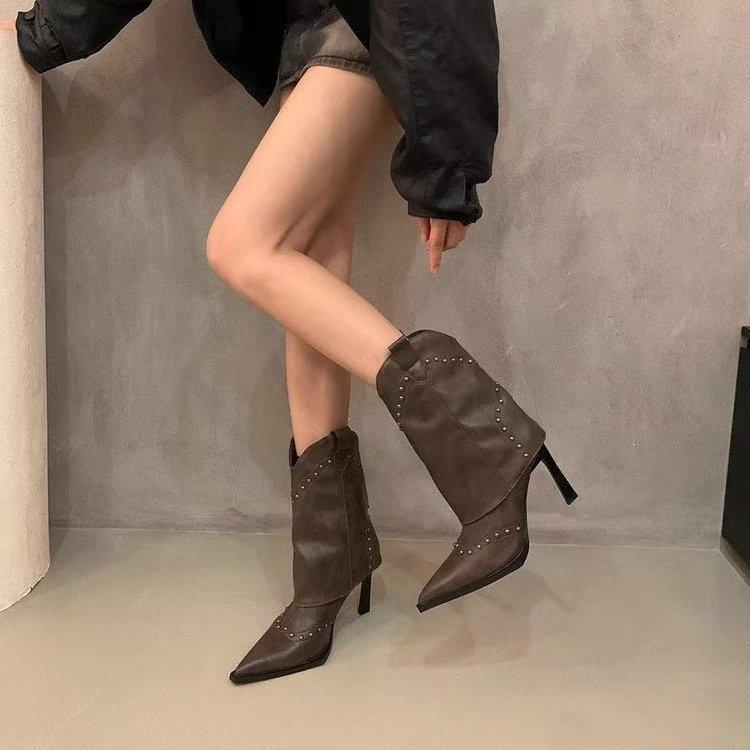 Fashion Vintage Rivet Women Western Cowgirl Boots Fashion Slip On Shoes Autumn Winter High Heel Women's Knight Short Booties 2025