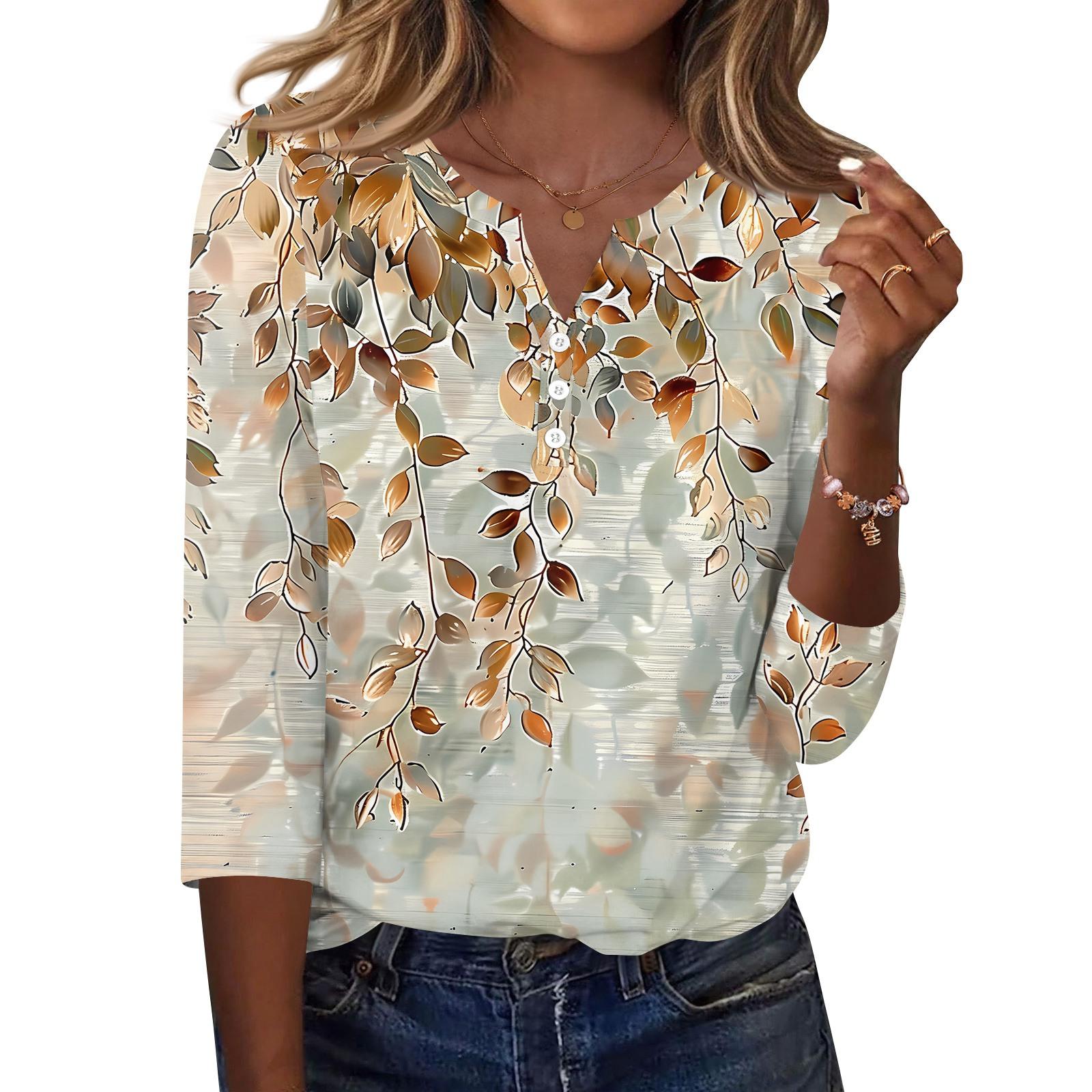 

Жен. Футболка С принтом Пуговицы Рукав 3/4 Повседневные Выходные Мода Классический Классический V-образный вырез Обычный Верх XXXL