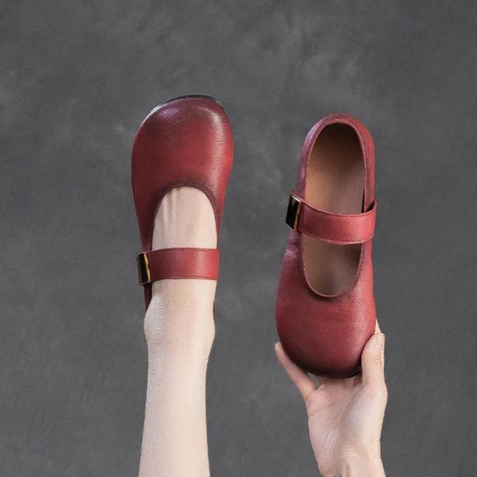 Johnature Retro Bequeme Rundspitze Flache Schuhe mit weicher Sohle Lässig Einfarbig Weiches Rindsleder Damenschuhe