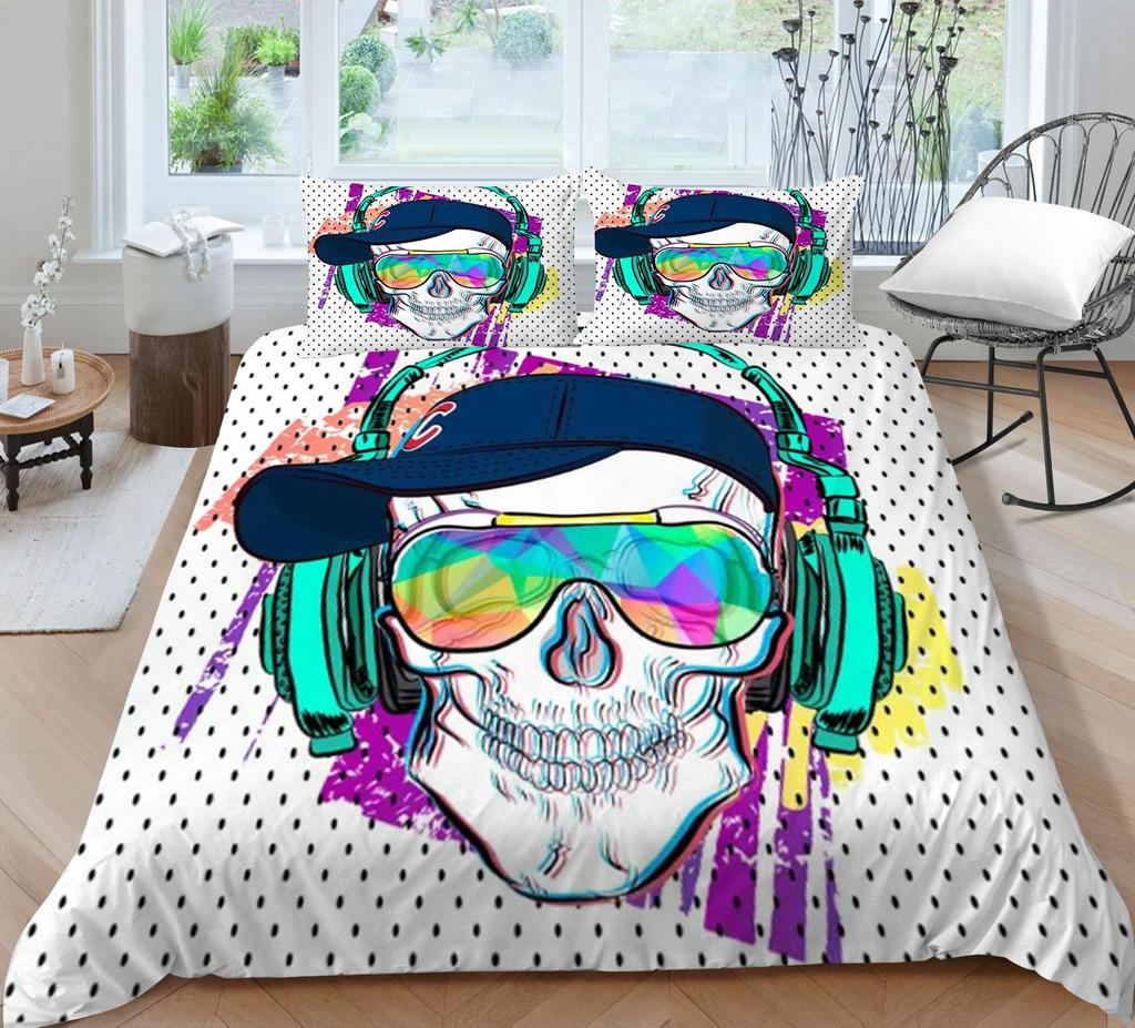 3D-Druck-Schädel-Bettset, atmungsaktiv, Heimbettwäsche mit Kissenbezug, für Kinder, Herren, Teenager, hochwertiger Bettbezug