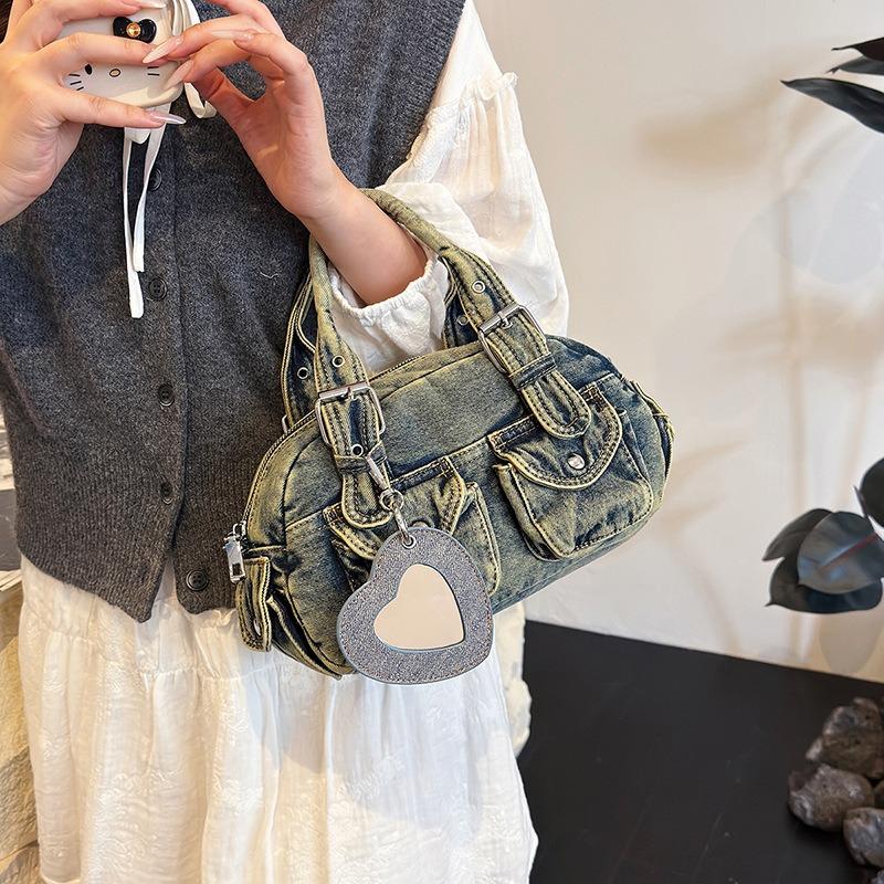 Retro Old Denim Bag Women's New Trend Versatile Portable Bowling Bag Casual Shoulder Messenger Bag Women