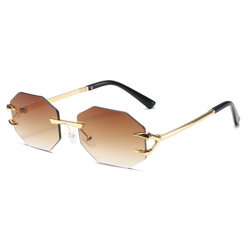 HBK Gradient Lens Polygon Frameless Sunglasses Men Women Unisex Rimless Blue Metal Frame Black Color High Quality Summer Travel
