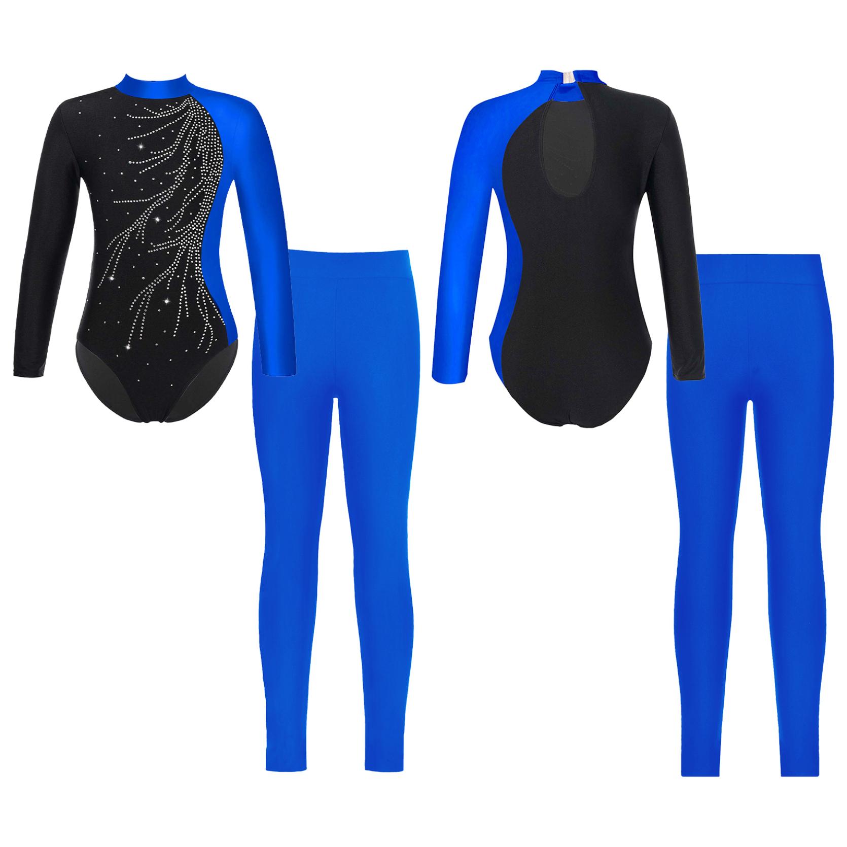 

Детский костюм для гимнастики и катания на коньках для девочек, трико и леггинсы с длинными рукавами и воротником-стойкой 15-16 Years синий