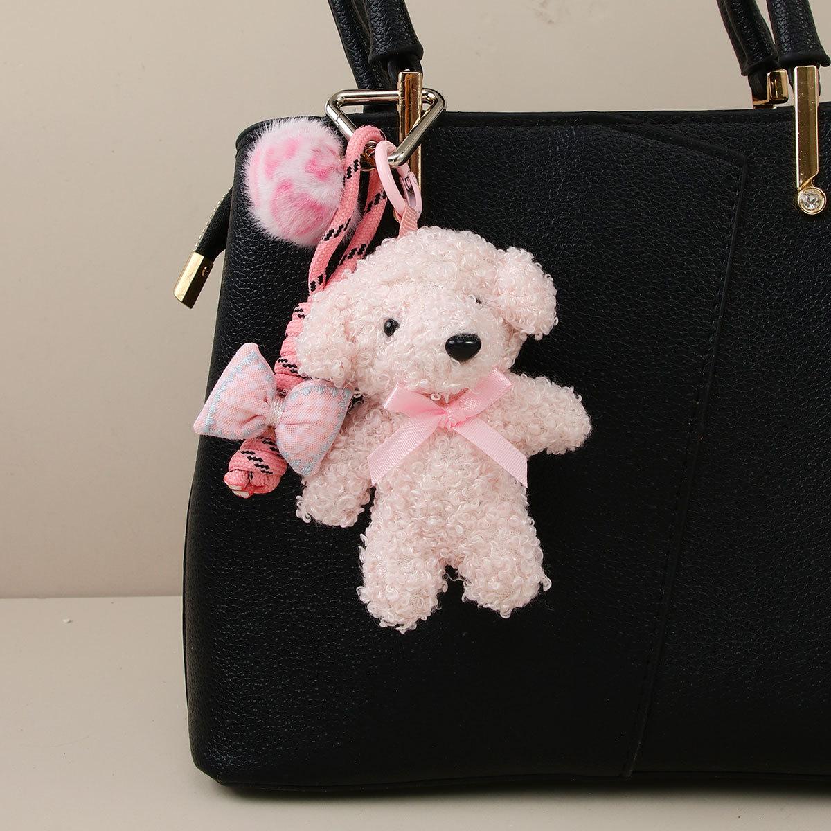 Cartoon cute girl plush bow puppy doll pendant bow teddy puppy bag pendant keychain розовый