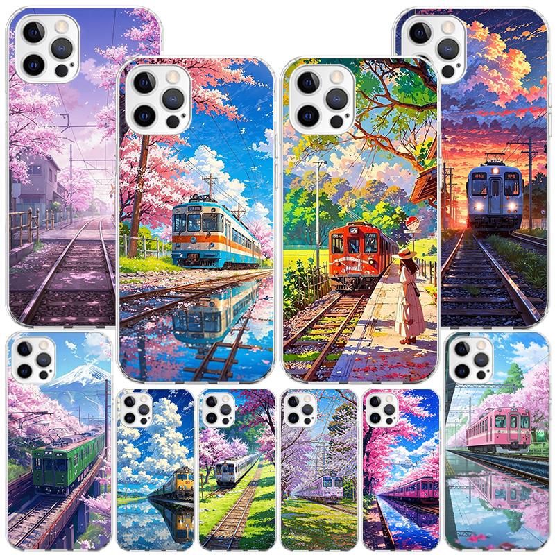 Retro Japanese Sakura Train Phone Case For iPhone 17 Air 16 Pro Max 16E 15 + 14 Plus 11 12 13 Mini 7 8 SE Gift Print Cover Funda