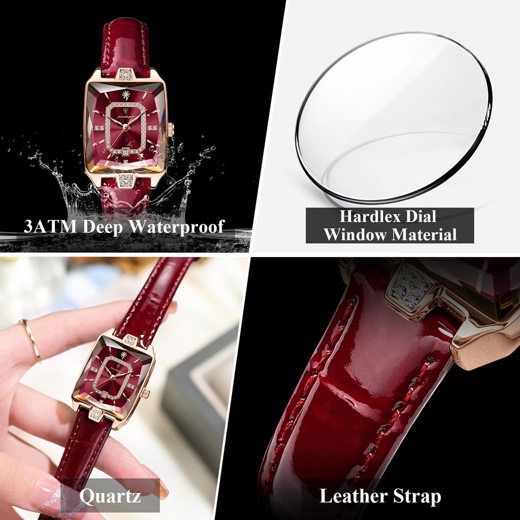 Luxury Women's Rose Gold Square Quartz Watch Leather Glass Wrist Accessory Women Watch