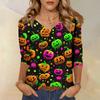 Women’s Casual Halloween Printed V-Neck Three Quarter Sleeve Top with Floral and Web Pattern for Everyday Wear
