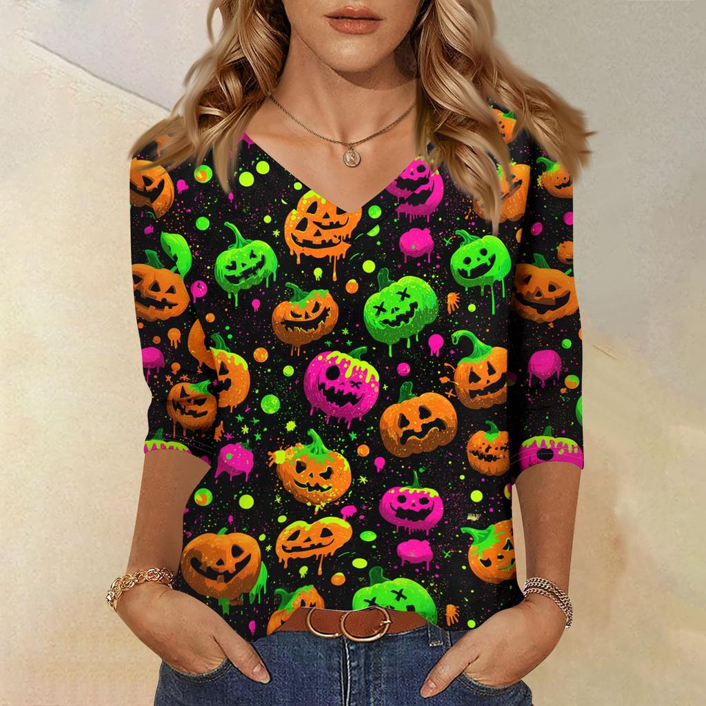 Women’s Casual Halloween Printed V-Neck Three Quarter Sleeve Top with Floral and Web Pattern for Everyday Wear