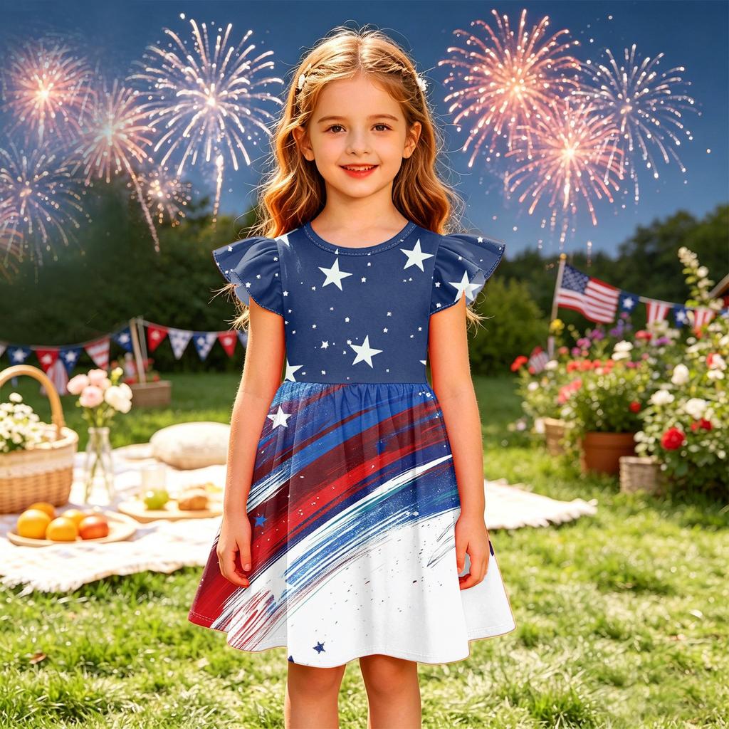 Girls' Summer Princess Dress - A-Line T-Shirt Dress Independence Day