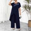 European and American cross-border plus-size women's 2026 summer fashion print irregular mid-length top wide-leg pants two-piece set