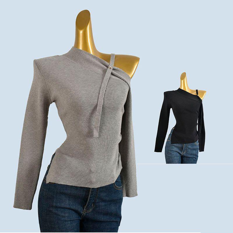 Glutinous Sexy off-the-Shoulder Knitted Bottoming Shirt Women's Long Sleeve Autumn and Winter Design Asymmetric Top Western Style Inner wear Sweater