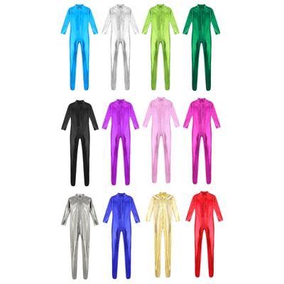 Damen Metallischer Performance Unitard S-3XL, Ganzkörper Zentai Jumpsuit mit Frontreißverschluss, Langarm Club- und Tanzbekleidung