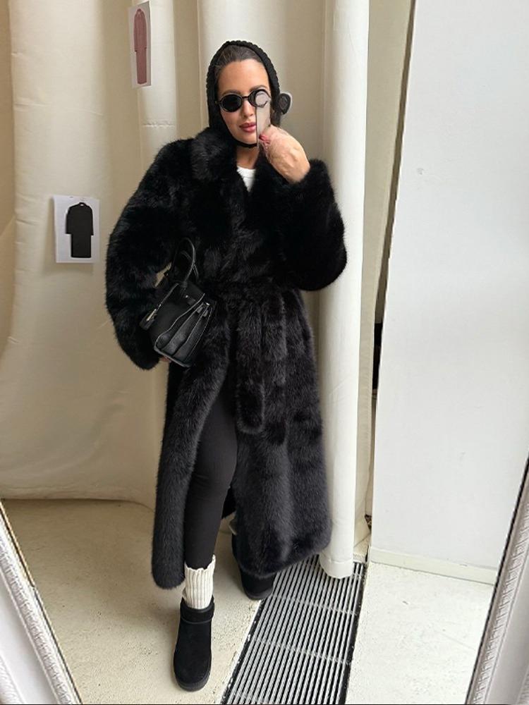 Women's Collar Tied Waist Artificial Wool Long Winter Coat
