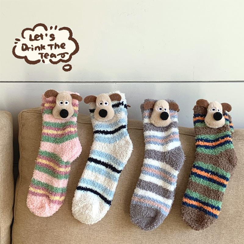 Cute Puppy Coral Fleece Striped Socks for Women's Autumn and Winter Warmth, Three-dimensional Cartoon Thickened Mid-calf Socks