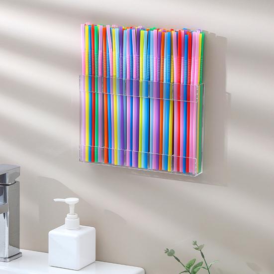 Storage Rack Transparent Acrylic Straw Holder with Drain Hole Adjustable Height Adhesive Tape Straw Organizer