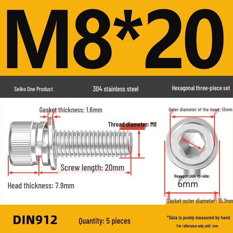 304 Stainless Steel Hex Socket Cap Screw with Washer - Sizes M3, M4, M5, M6, M8, M12