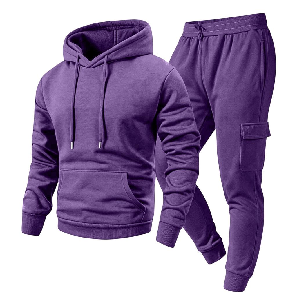 Men's Casual Outdoor Sports Two-Piece Set - Color Sweatshirt and Elastic Waist Cargo Jogger Pants