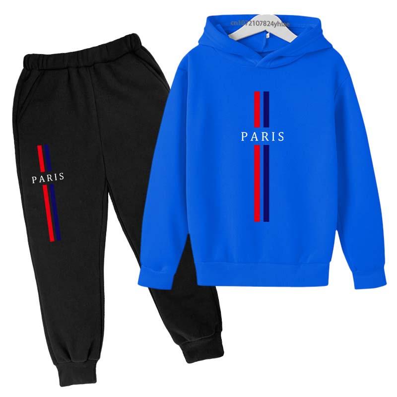 Jungen und Mädchen Herbst Freizeit Buchstabe Paris Aufdruck Hoodie+Hosen Anzug Mode Einfach Sport 2-teiliges Set Sport Trainingsanzug