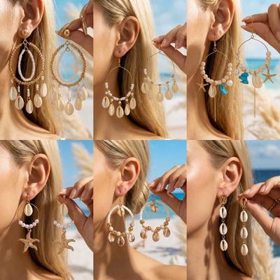 Boho Style Drop Earrings Handmade Sea Star Shell Earrings Summer Woven Hoop Earrings  Women Jewelry