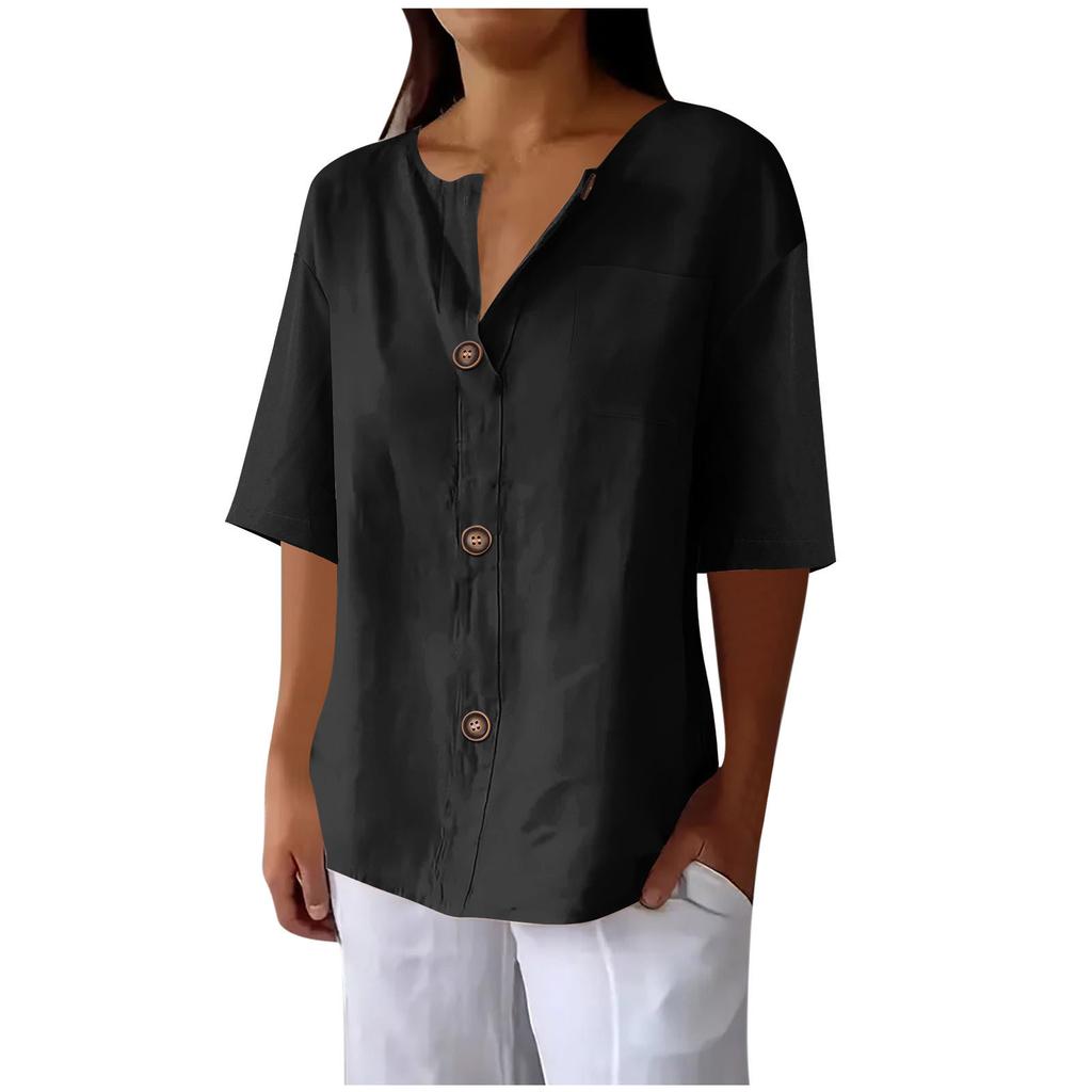 Summer Loose T-shirt Women's V-neck Cotton and Linen Button Top