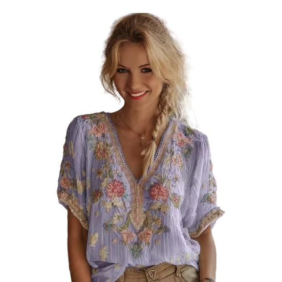 Women Tops 3D Printed Imitation Jacquard V-Neck Short Sleeve Loose Fit Soft Breathable Summer Shirt Daily Wear