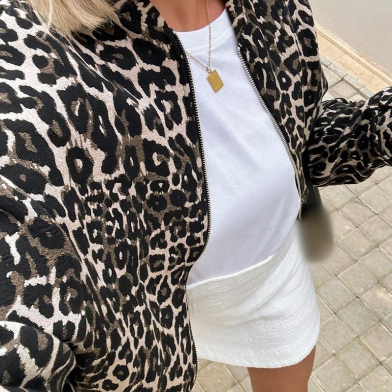 Modna Vintage Zamek Długi Rękaw Luźna Kurtka Kobiety Retro Okrągły Dekolt High Street Casual Płaszcz Nowy Design Panterka Kobieca Jesień Odzież Wierzchnia