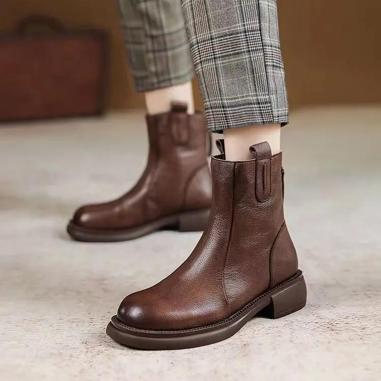 2024 New Women's Fashion Versatile Casual Boots Retro British Style Warm Explosion Street Zipper and Velvet Short Boots