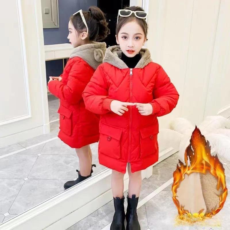 Girls Hooded Plus Velvet Thicken Outerwear Winter Warm Coats Parkas Jacket Cute Solid Down Jackets Kids Casual Clothes
