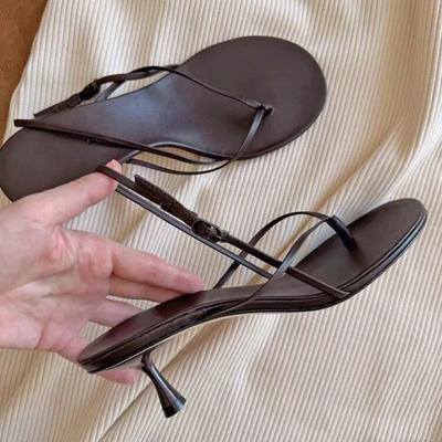 Cowhide Version~ French One-word with Toe Roman Sandals Women's New Summer Temperament Stiletto High-heeled Sandals