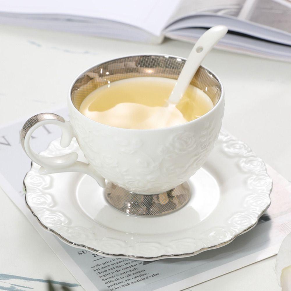 Exquisite Tea Cup Set Luxury Latte Flower Tea Water Cup Ceramic Coffee Cup Spoon Plate Set  Hotel