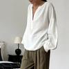 Mode V-Ausschnitt Einfarbig Blusen Frauen Loose Fit Laterne Ärmel Tops Casual Baumwolle Krepp Shirt Frühling Herbst Pendeln Harajuku Stil