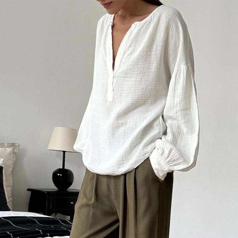 Mode V-Ausschnitt Einfarbig Blusen Frauen Loose Fit Laterne Ärmel Tops Casual Baumwolle Krepp Shirt Frühling Herbst Pendeln Harajuku Stil