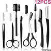 12Pcs Black Eyebrow Trimming Scissors Stainless Steel Tweezers Eyebrow Scraping Eyebrow Comb Razor Eyebrow Clip Makeup Tools Sets