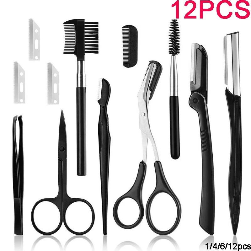 12Pcs Black Eyebrow Trimming Scissors Stainless Steel Tweezers Eyebrow Scraping Eyebrow Comb Razor Eyebrow Clip Makeup Tools Sets