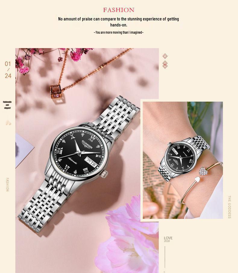 Montre Minimaliste pour Femme avec Strass Suisses, Étanche, Double Calendrier, Cadran Lumineux et Bracelet en Acier.